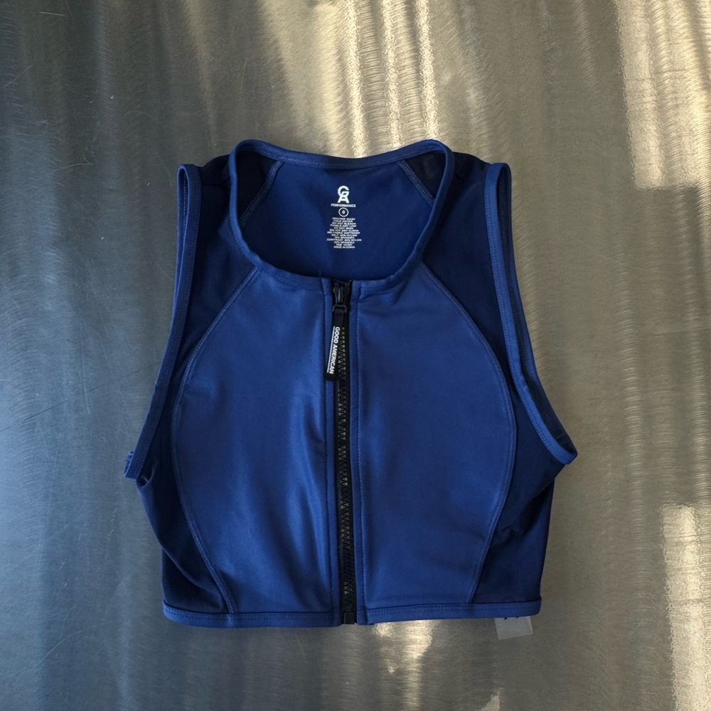 Good American Blue Front-Zip Athletic Crop Top